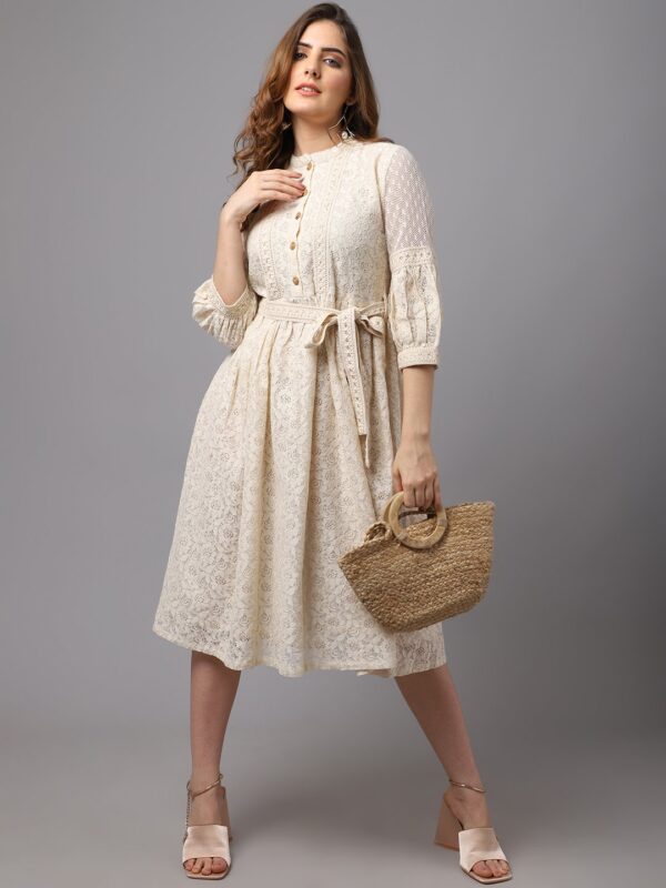 Women Casual dress with Belt and Stylish Sleeve – Schiffli Fabric