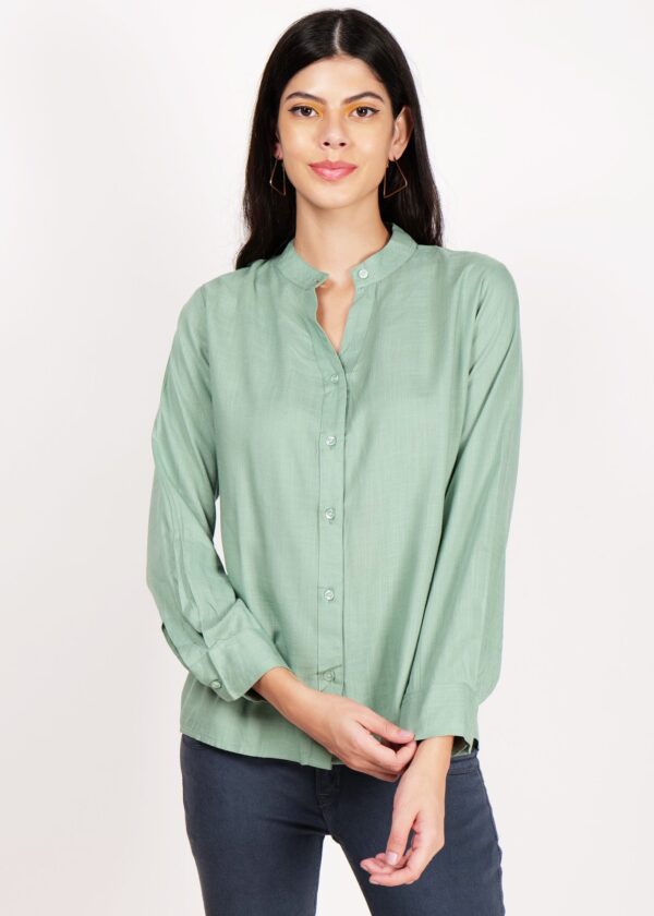 Premium Shirts for Women Stand Collar Button Front Regular Fit Solid Casual Top