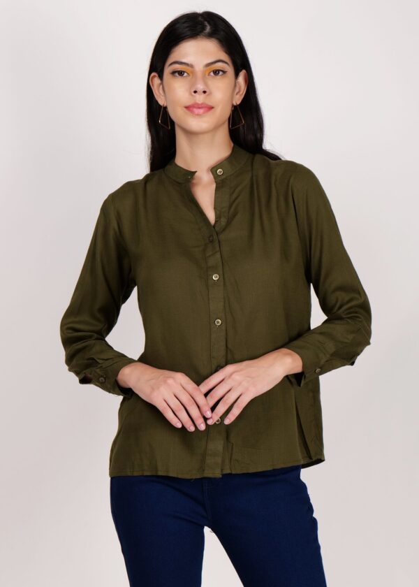 Premium Shirts for Women Stand Collar Button Front Regular Fit Solid Casual Top