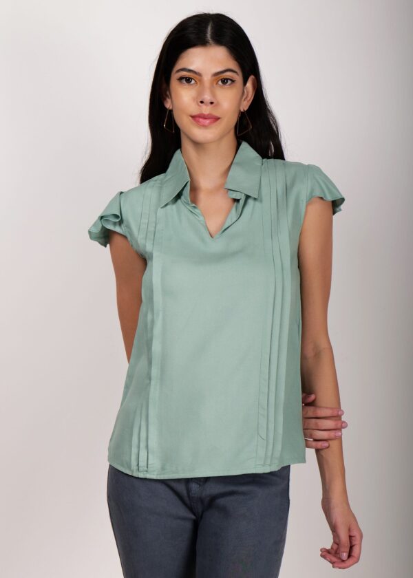 Women Premium Stylish Top Collered/Deep V Neck Formal/Solid Pattern Short Sleeve