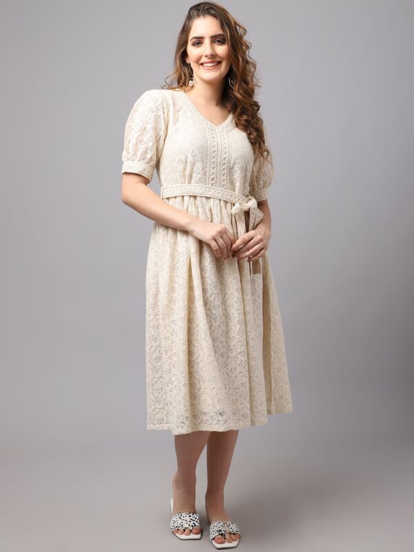 Women’s Schiffli Fabric Dress With Puff Sleeves