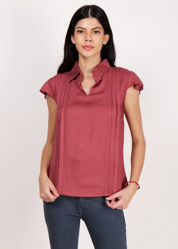 Women Premium Stylish Top Collered/Deep V Neck Formal/Solid Pattern Short Sleeve