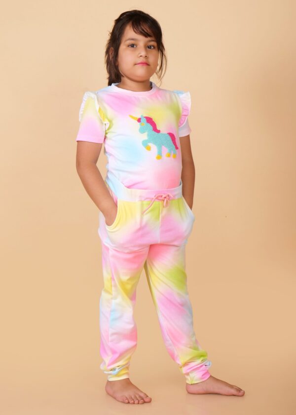 Girls Unicorn Printed Half Sleeves Tshirt And Joggers
