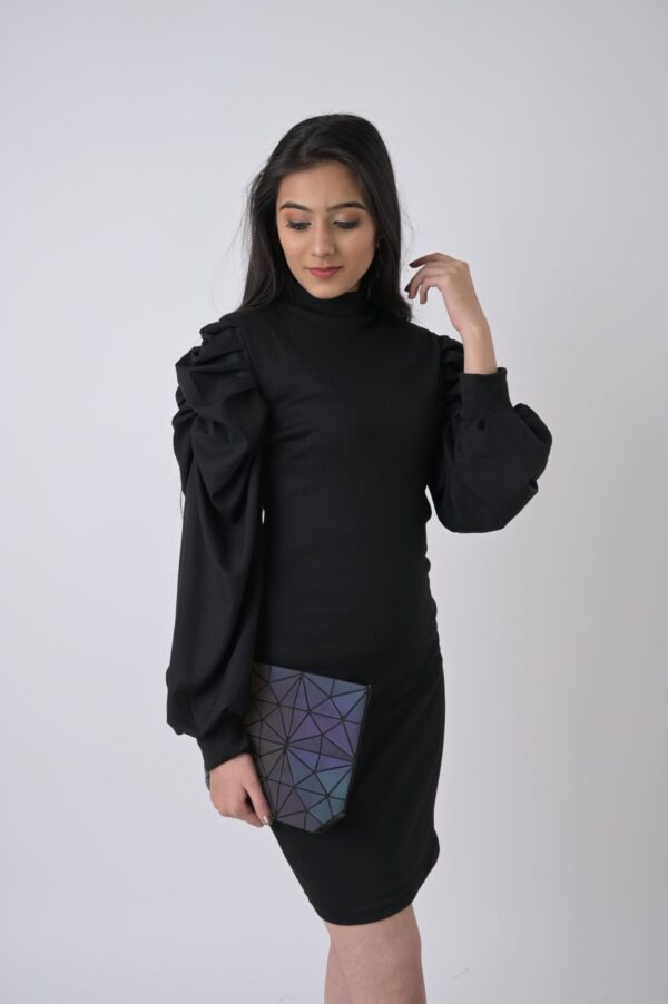 Women’s Puff Sleeve Rib Fabric Bodycon Dress - Image 2