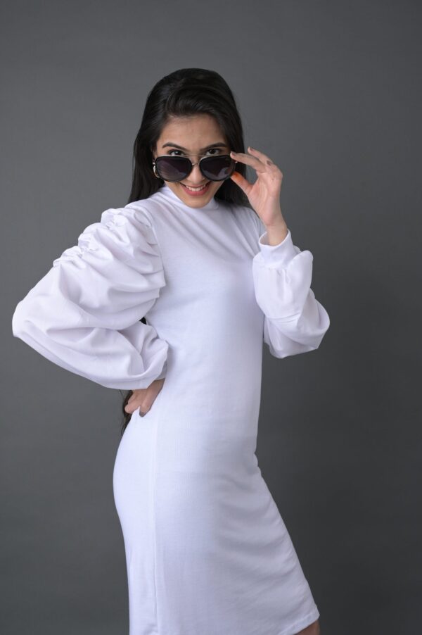 Women’s Puff Sleeve Rib Fabric Bodycon Dress - Image 2