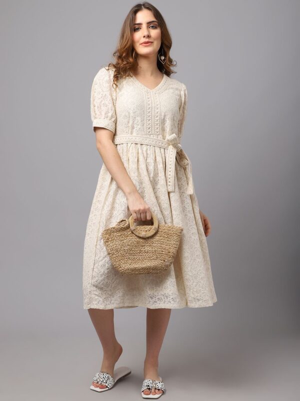Women’s Schiffli Fabric Dress With Puff Sleeves - Image 3