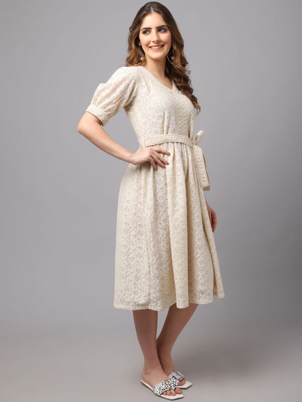 Women’s Schiffli Fabric Dress With Puff Sleeves - Image 4