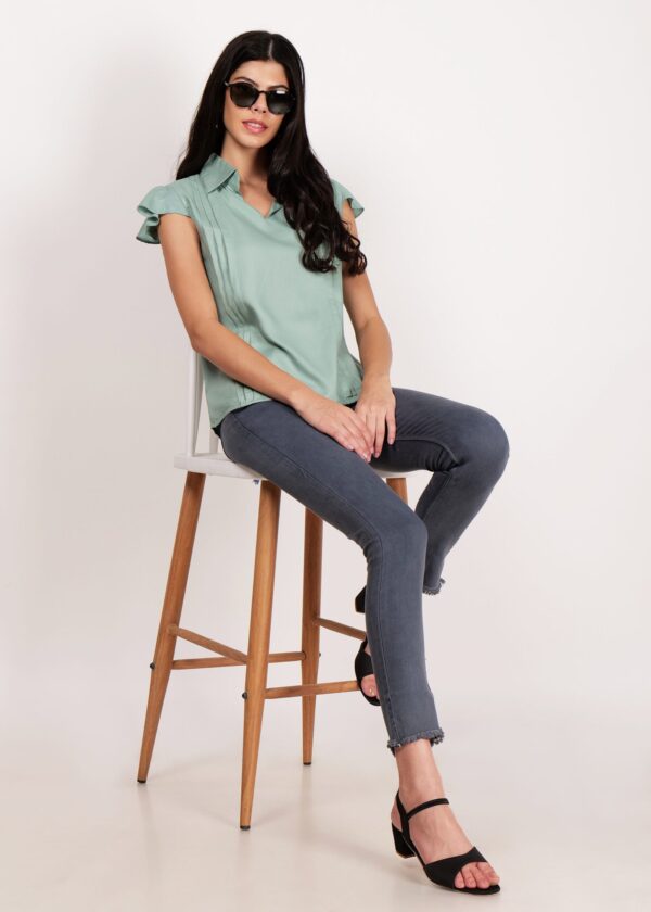 Women Premium Stylish Top Collered/Deep V Neck Formal/Solid Pattern Short Sleeve - Image 4