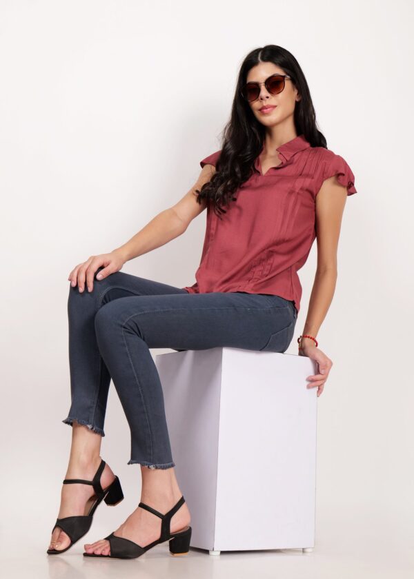 Women Premium Stylish Top Collered/Deep V Neck Formal/Solid Pattern Short Sleeve - Image 4