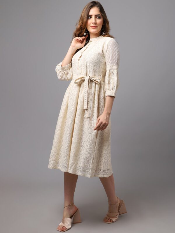Women Casual dress with Belt and Stylish Sleeve – Schiffli Fabric - Image 5