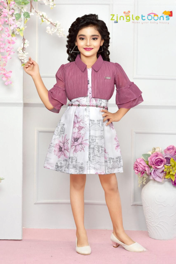 Girls Floral Printed Dress With Jacket And Belt